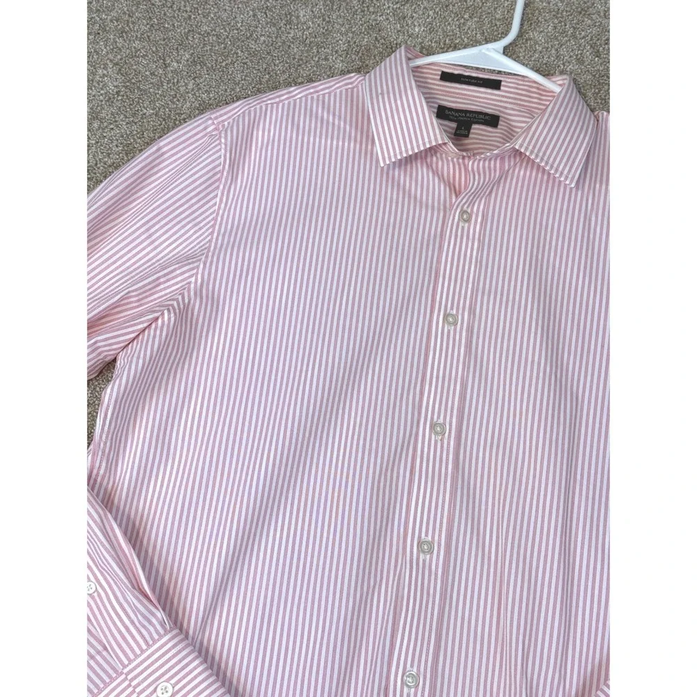 Banana Republic Mens Slim Flex Fit Tech Stretch Cotton Pink Pinstripe Shirt L